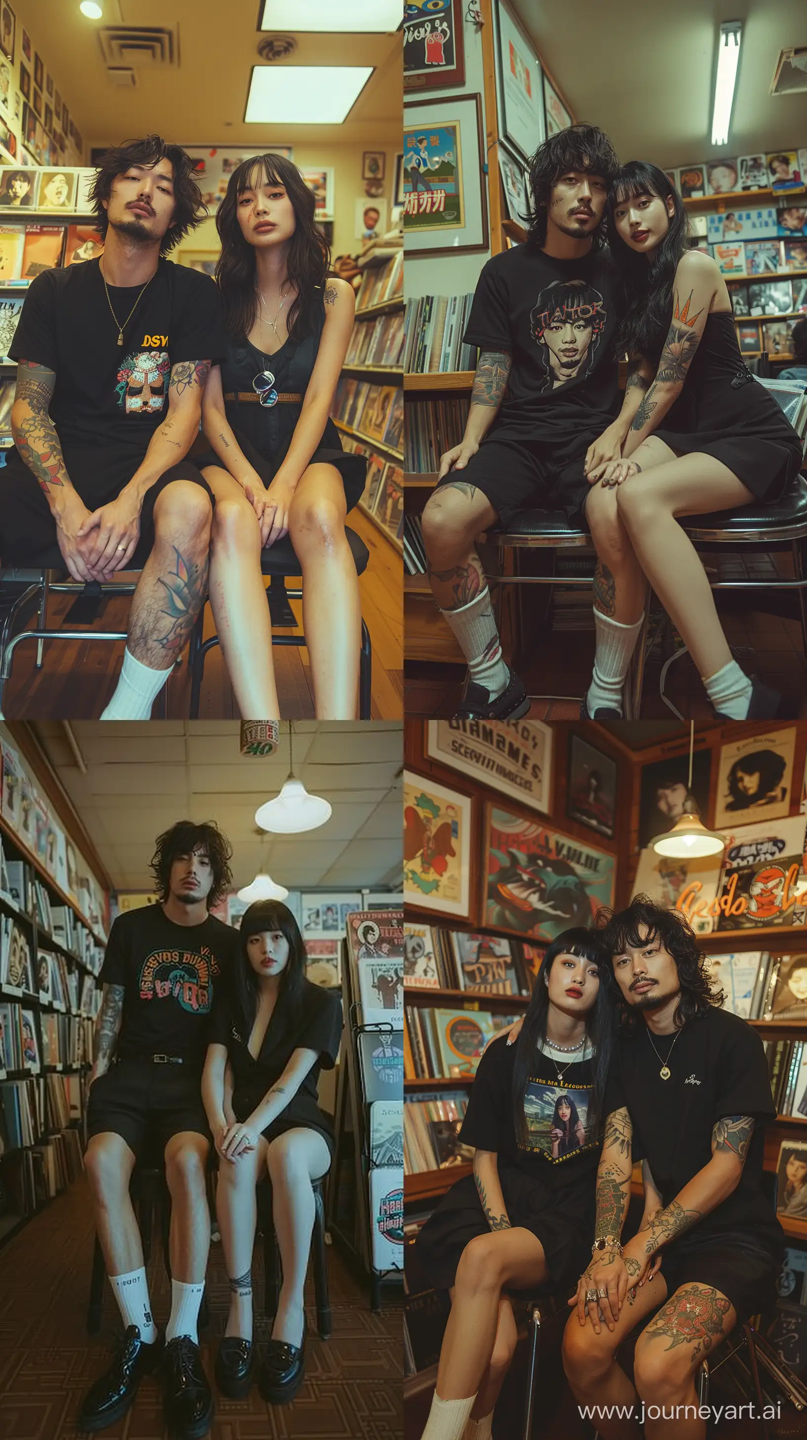a photo of asian couple  ,wearing black shirt and black short pants with black loafers shoes, white socks, sit on chair in album store ,bared face, black hair,lowfilm,fujifilmcute tattoo, --ar 9:16 --stylize 750