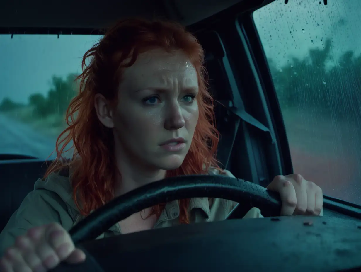 Wide shot cinematic. Desert, night time, heavy rainstorm, front seat of a F-150 Ford truck. We see a very beautiful, red headed, 25 years old, Scandinavian woman with a worried look on her face. We are looking through the windshield at her as she drives both hands on the steering wheel. Rain is on the windshield.