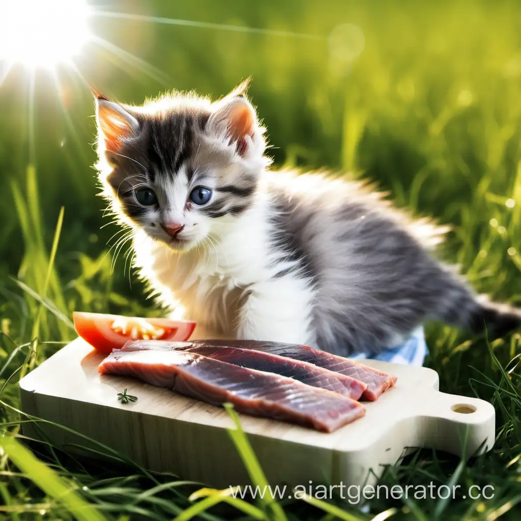 Котенок с мясом, селедкой, на траве, светит солнце