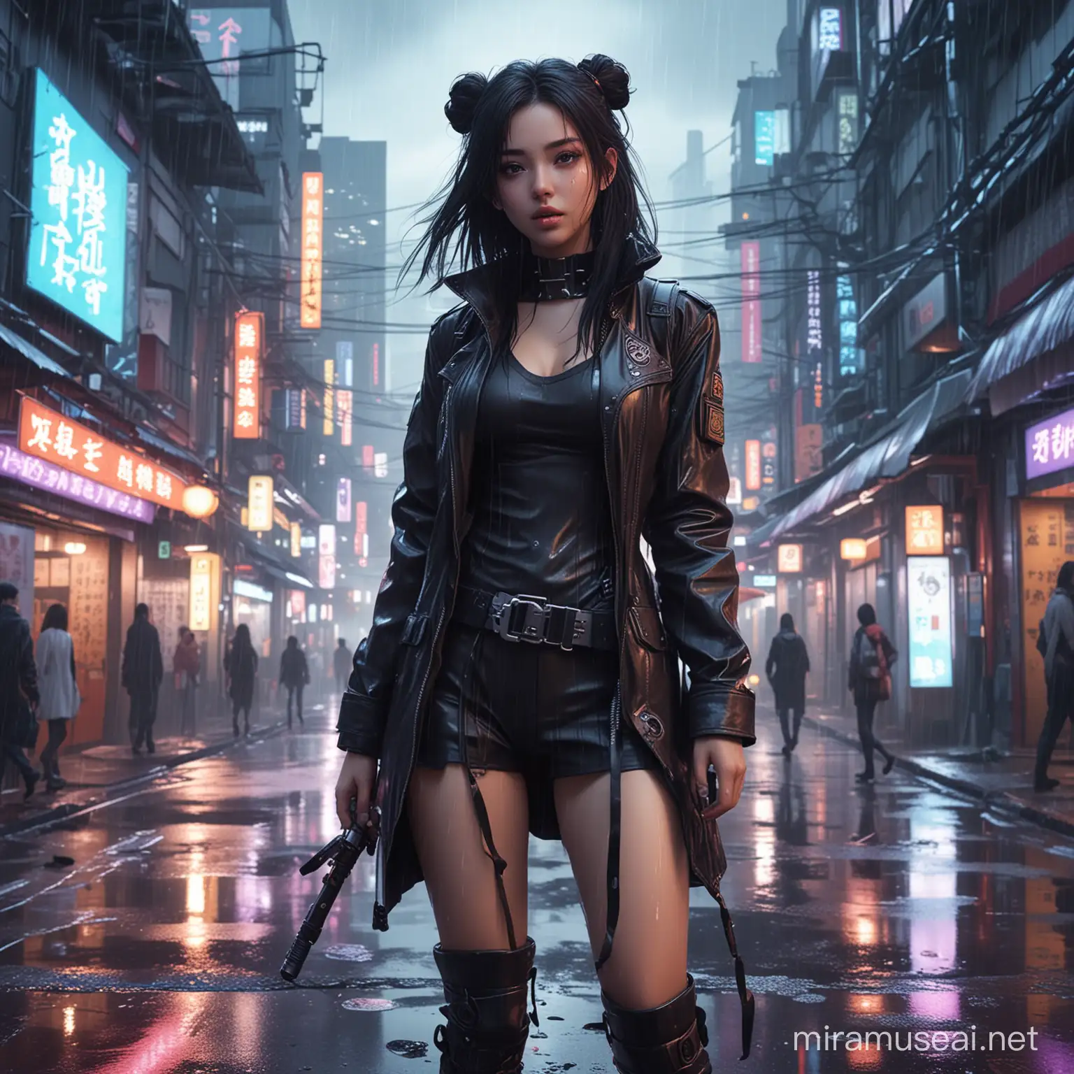 Kyoto animation stylized anime mixed with futuristic cyberpunk artworks ~ female wearing gas mask, long straight black hair, school girl outfit, Neon buildings at modern cyberpunk fantasy world, Neon signs, rain, puddle of water, reflection of girl in the puddle. Cinematic Lighting, dark lighting, ethereal light, intricate details, extremely detailed, complex details, insanely detailed and intricate, hypermaximalist, extremely detailed with rich colors. masterpiece, best quality, aerial view, HDR, UHD, unreal engine. Smooth thighs, long straight black hair, playful aura, beautiful face, violet eyes, winking, lollipop, cool pose, ((acrylic illustration by artgerm, by kawacy, by John Singer Sargenti) dark fantasy background, blade runner, akira, fair skin, rich in details, high quality, gorgeous, dystopian, neon signs, final fantasy style, gorgeous, glamorous, 8k, super detail, gorgeous light and shadow, detailed decoration, detailed lines, manga book cover, cinematic, glitchy aesthetic