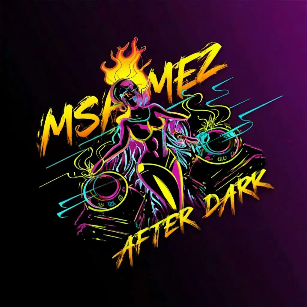 a logo design, with the text "MsFlamez Fusion After Dark", gaming, dj silhouette of woman standing up, equipment, dj controller, music, soundwaves, dj, realistic fire flames, 3d, rose pink, yellow, red, neon, orange, glow Moderate, clear background