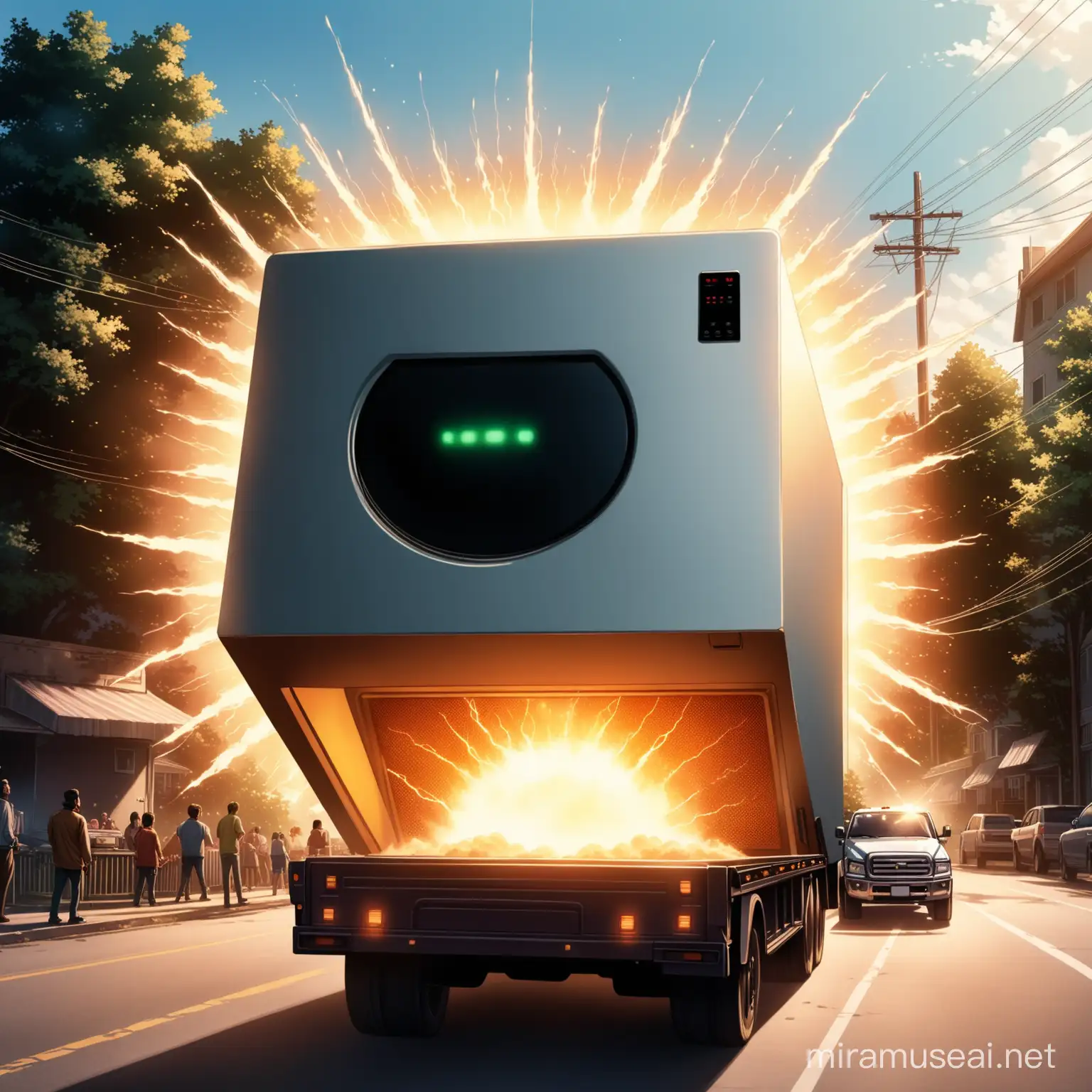 A giant open microwave oven mounted on a truck, the truck is shooting electricity like a giant EMP-device. It´s driving around a happy neighborhood with people sheering alongside the road. Realistic DC-comic style, 4k.