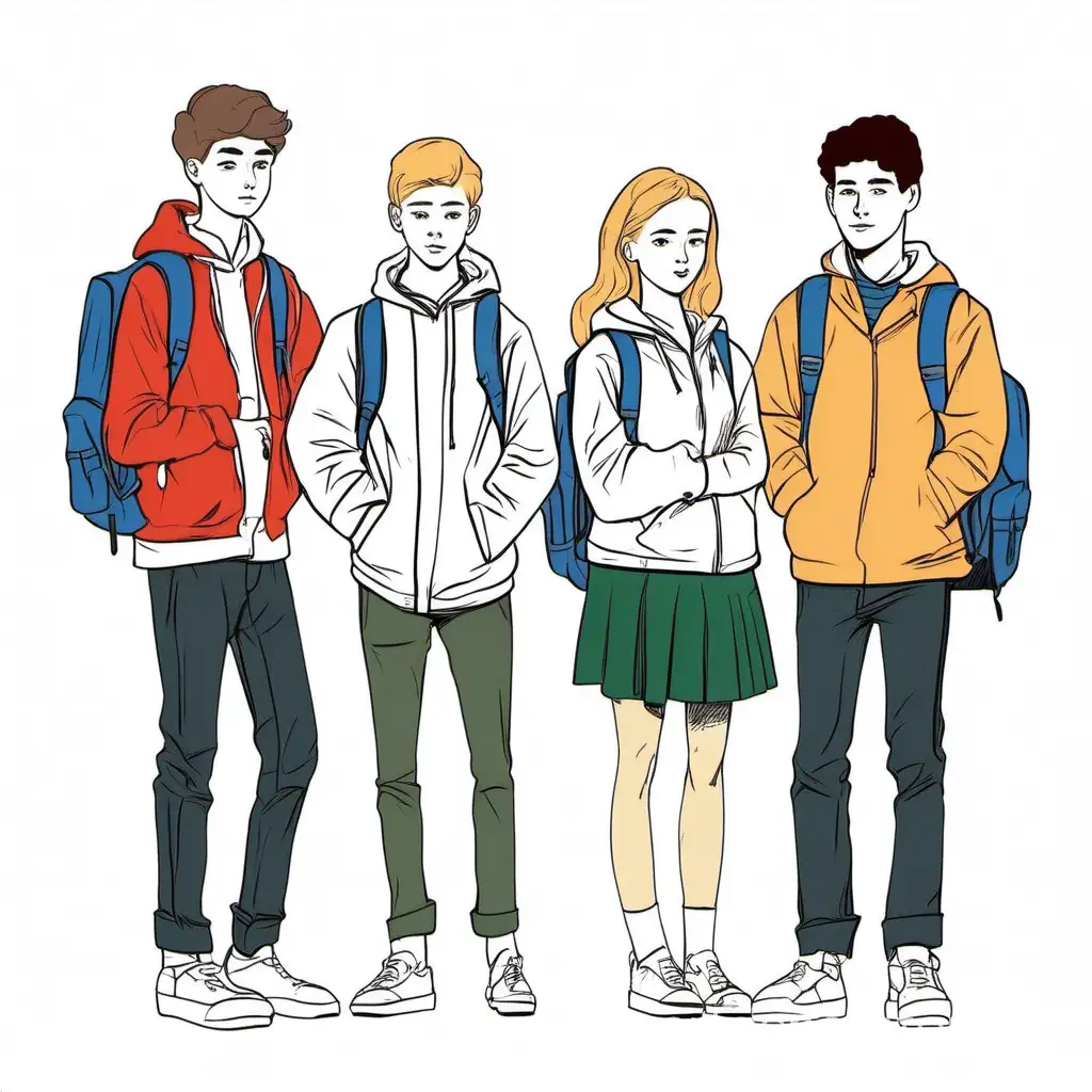 Three high school students stand together, Russia, illustration, drawn animation, white background