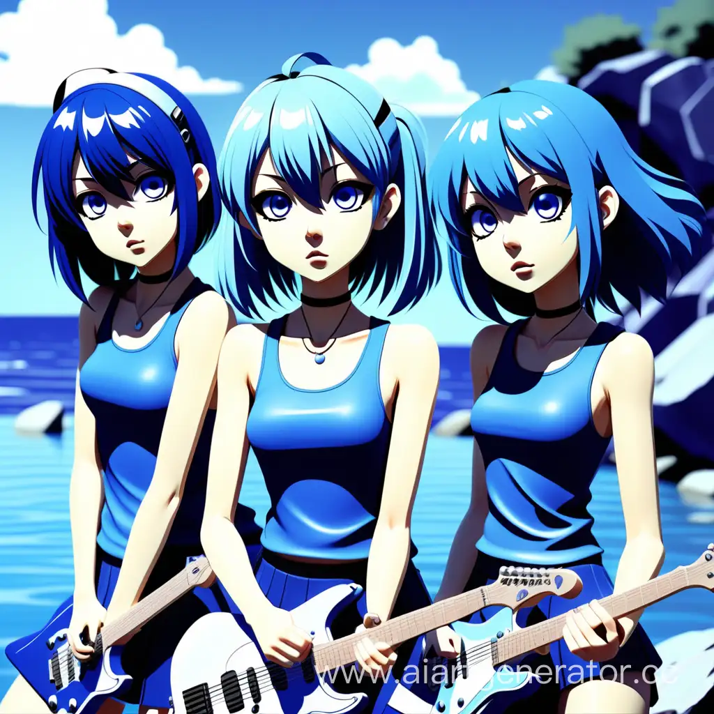 Аниме стиль 2000. Трое девушек. Рок группа. Голубого цвета. Водные пейзажи.