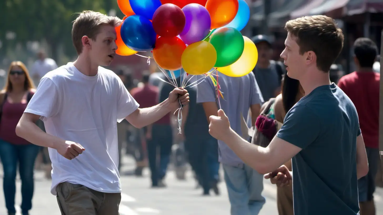  a young white man handed a balloons  to a vendor clutching a fistful of balloons.
