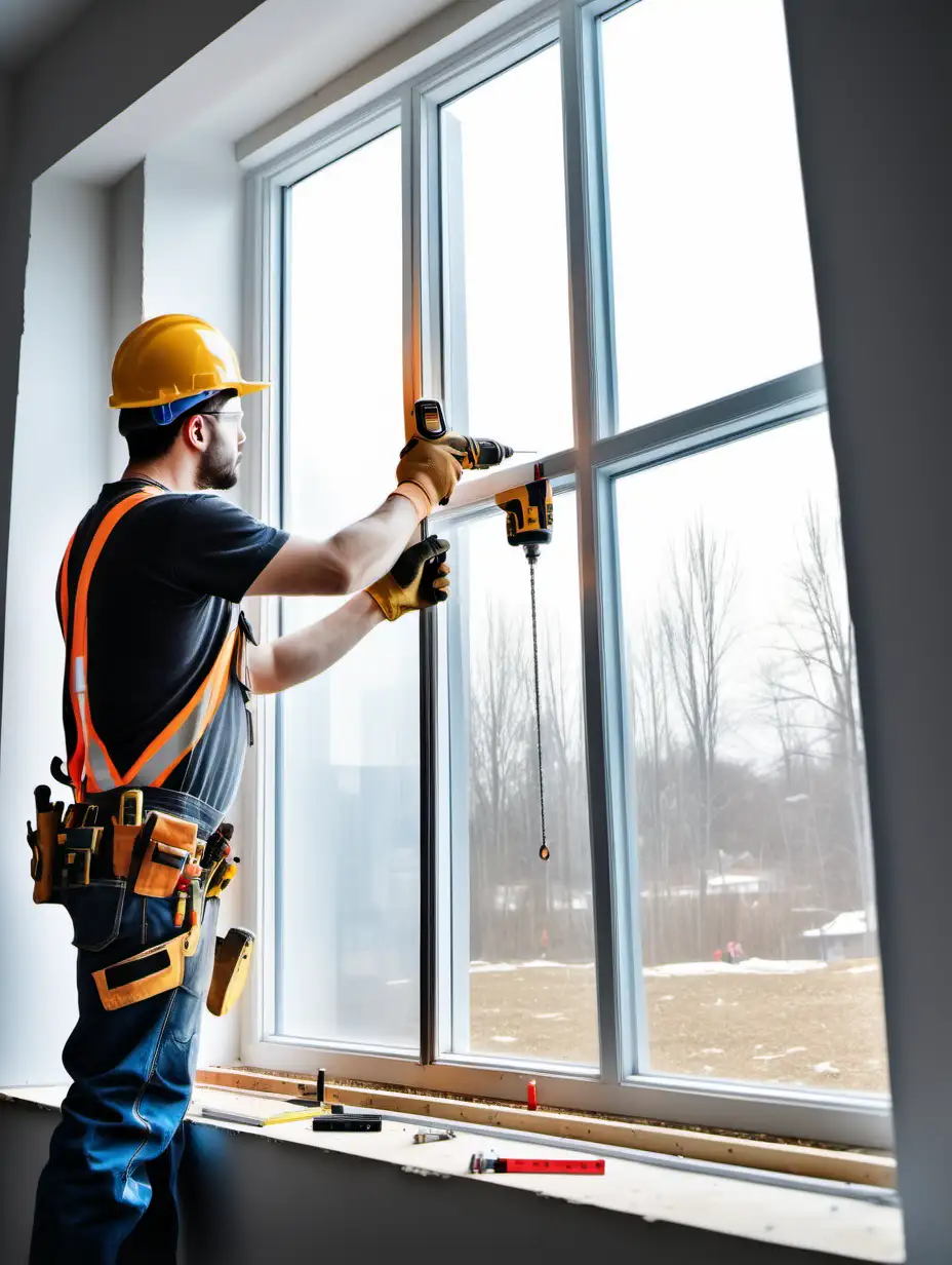 Window installation process, workers fitting new window, open wall space, measuring tape, level tool, screws and drill, bright daylight, outdoor and indoor view, safety equipment, clear glass window, step-by-step installation.