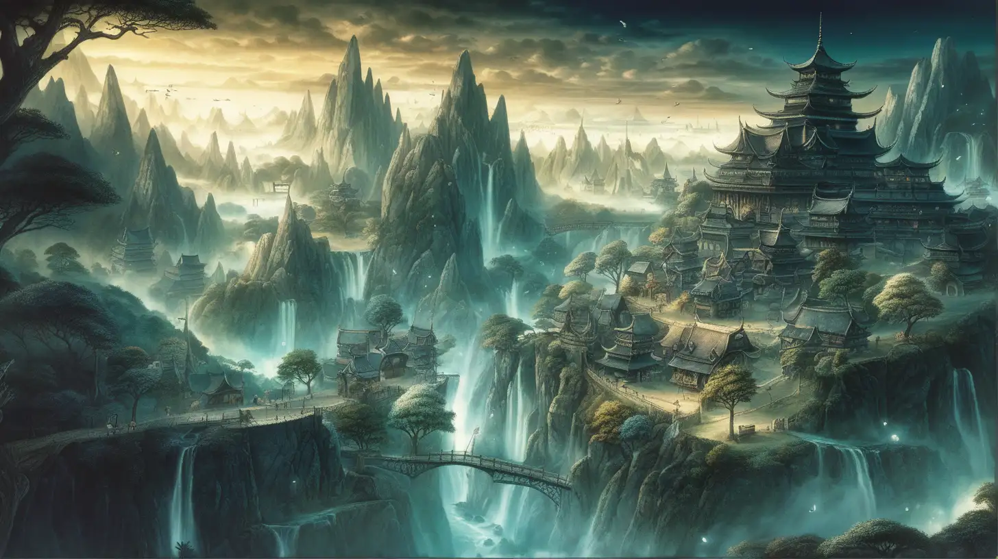 beauiful illustration of fantasy, soothing, dark, amazing detailed game poster, anime landscape --ar3:2 --niji 5