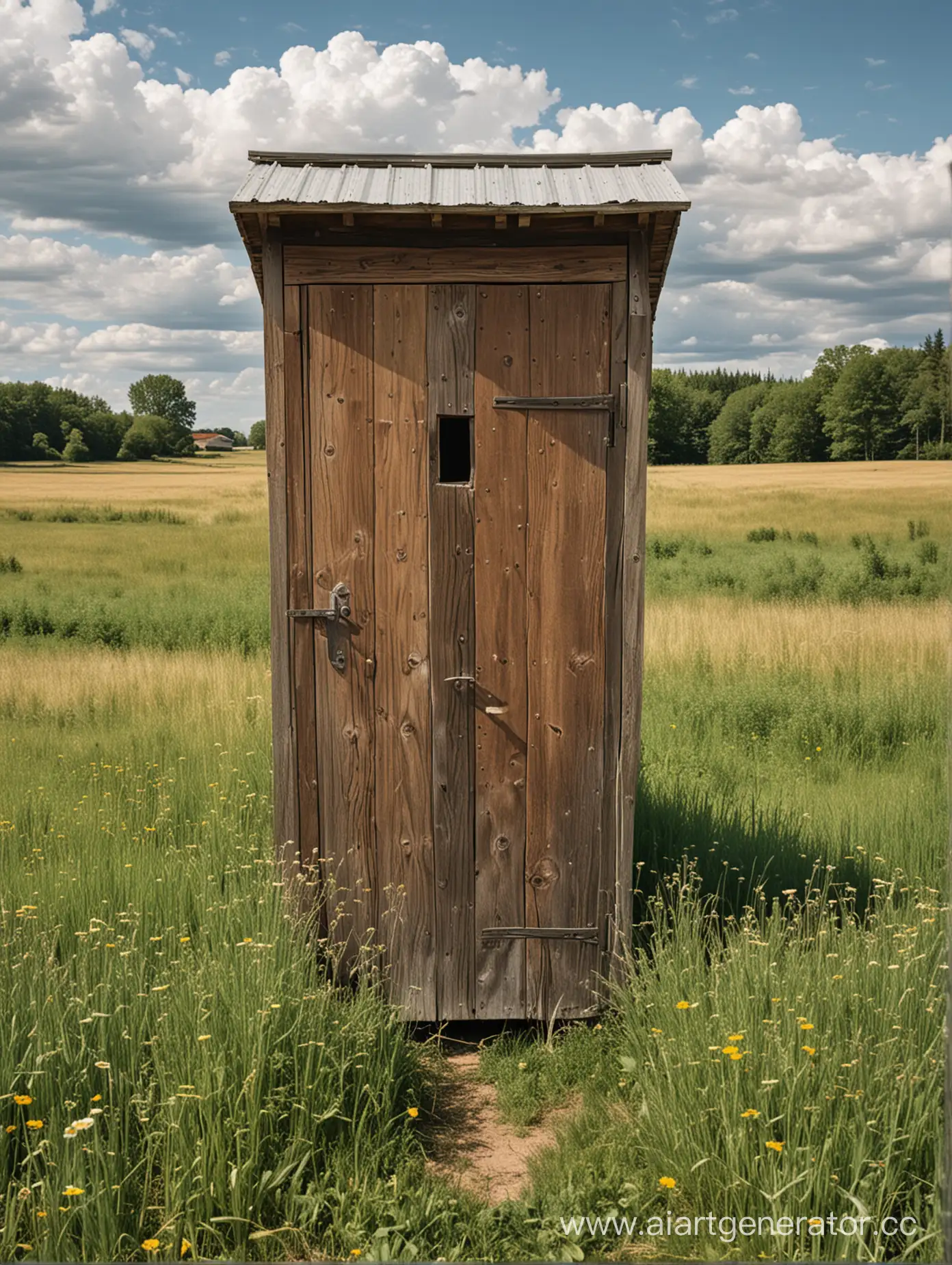 Rustic-Outhouse-Door-Amidst-Serene-Countryside-Landscape