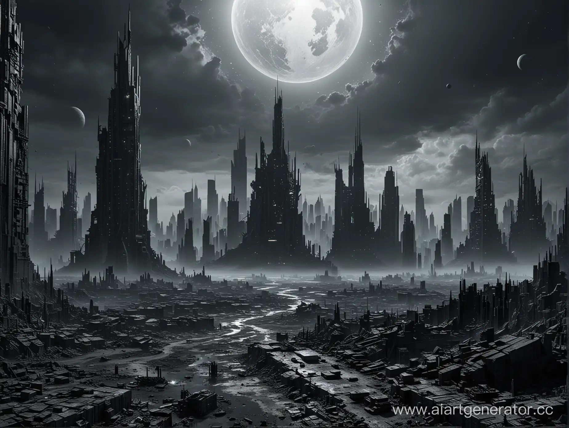 Пустая серая планета в темном космосе с постапокалиптическим городом за огромными стенами высотой в небоскребы, в темных тонах.