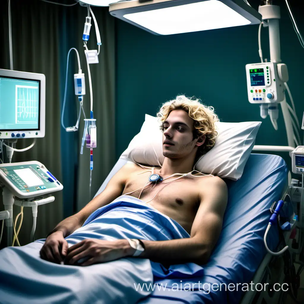 un homme français d'âge jeune aux cheveux blonds ondulés, allongée sur un lit d'hôpital moderne dans l'unité de soins intensifs (USI). Il est étroitement surveillée par le personnel médical et porte de nombreux dispositifs médicaux attachés à son corps. Il a un ecg cardiaque sur la poitrine et des électrodes ecg sur le ventre, porte une blouse ouverte montrant une cicatrice de chirurgie cardiaque, la pièce est moderne et éclairée par une fenêtre dont la lumière projette une lueur chaleureuse sur le patient.