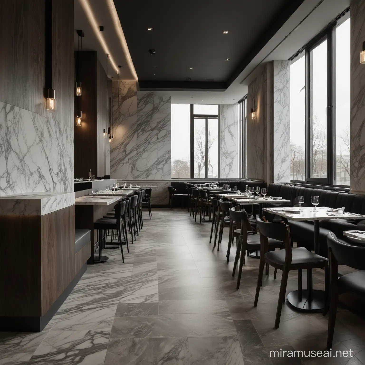 restaurant, modern, dark, oak, soft light, marble