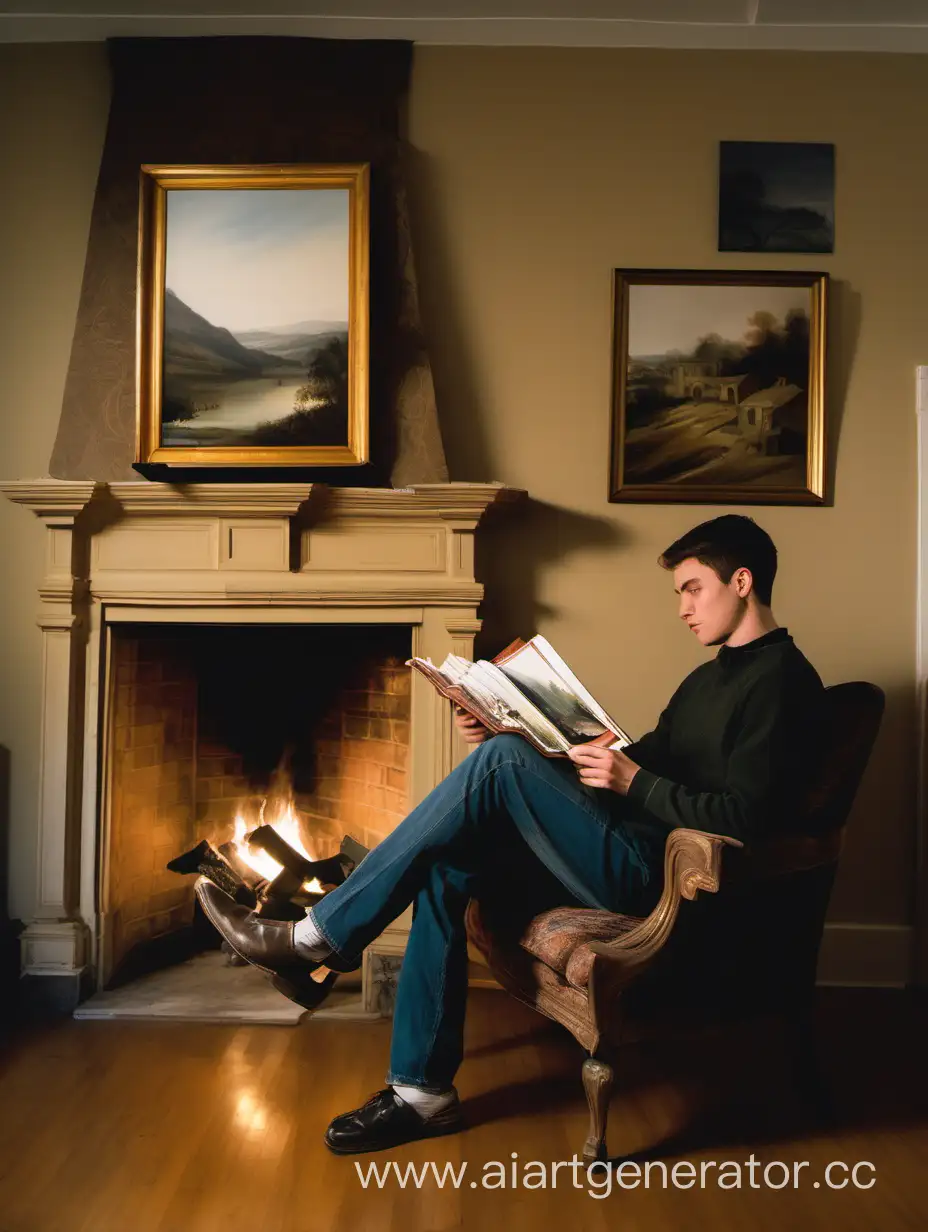 молодой мужчина сидит в кресле и рассматривает фотоальбом, на фоне горит камин, на стене висит картина, на которой изображен пейзаж