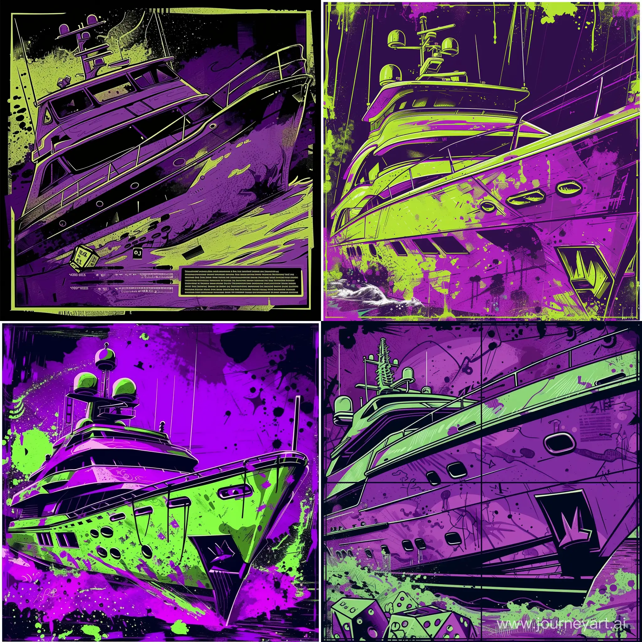 дизайн 4 слайда 3:4  правил к настольной игре в кости с местом для текста и изображениями яхты в фиолетовых и кислотно зеленом цвете в стиле граффити 