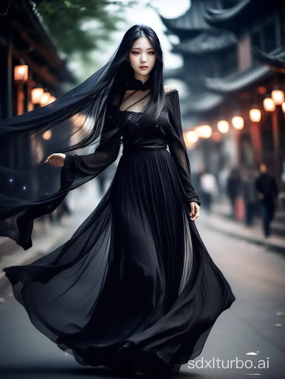 Black veil, Chinese girl, with a lovely face, eyes sparkling like stars. She wears a flowing black veil, ethereal and enchanting, akin to a mystical elf in the night. Walking on the street, the wind gently tousling her long hair, the skirt swaying with the breeze, like a dream.