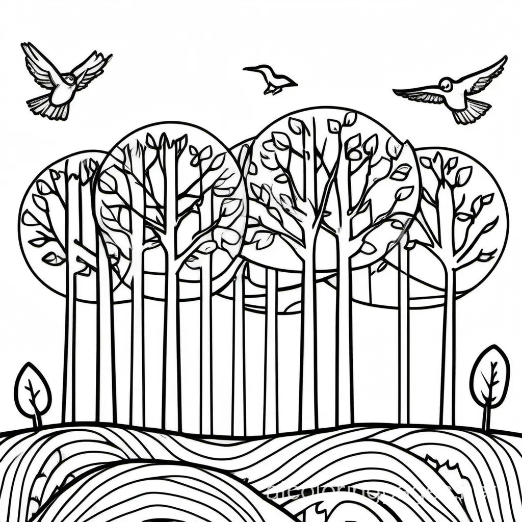 One row of trees close and another far with sun and birds , Coloring Page, black and white, line art, white background, Simplicity, Ample White Space. The background of the coloring page is plain white to make it easy for young children to color within the lines. The outlines of all the subjects are easy to distinguish, making it simple for kids to color without too much difficulty