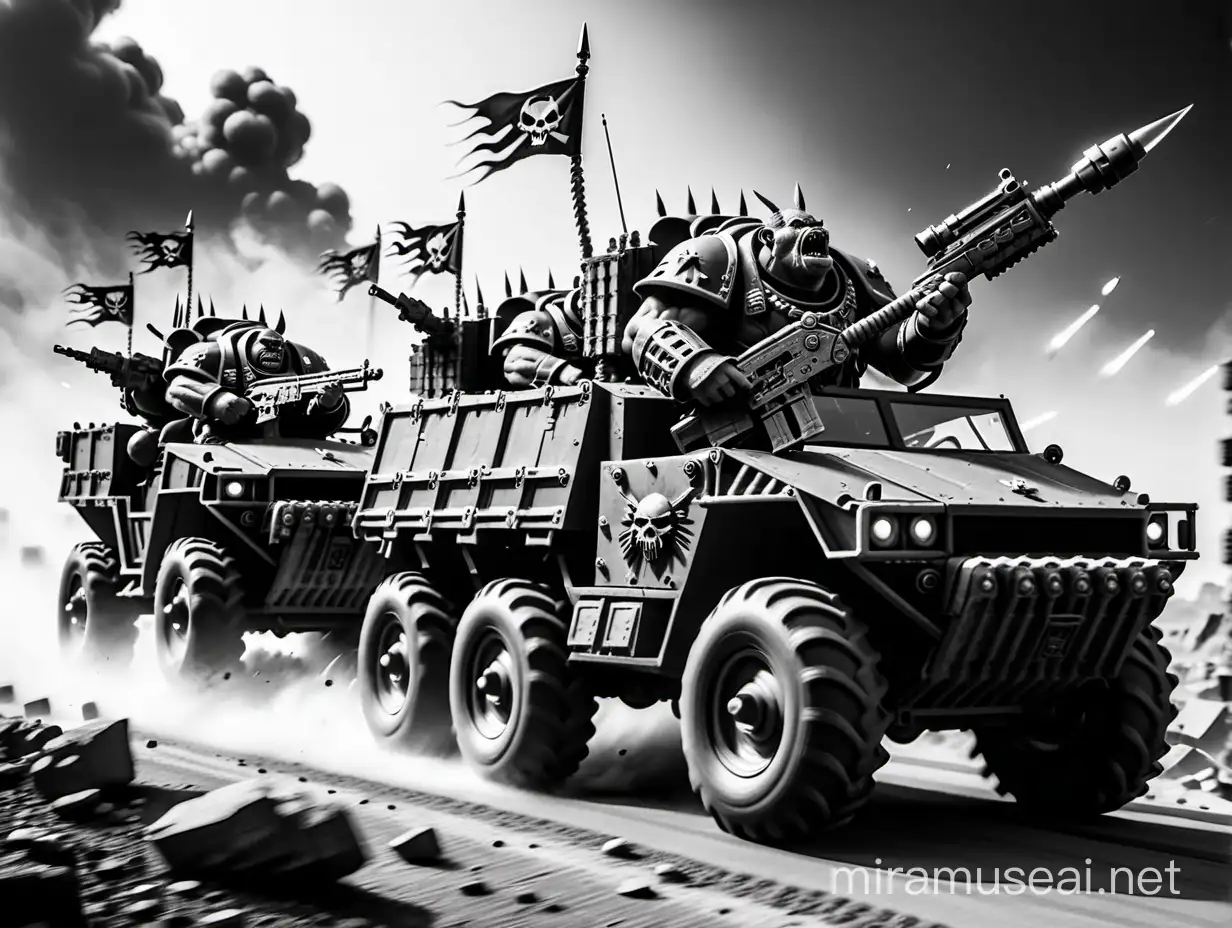 warhammer 40k ork army riding trukks and battlewagons. black and white
