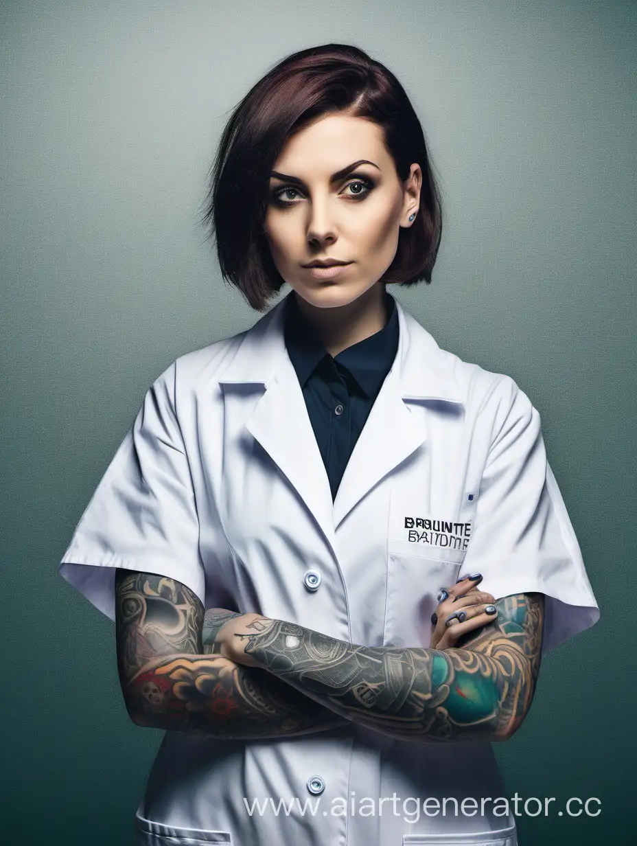 Черноволосая девушка с каре. 27 лет. У неё на руке большая татуировка-рукав. Она учёный, в медицинском халате. Молодая и дерзкая. 