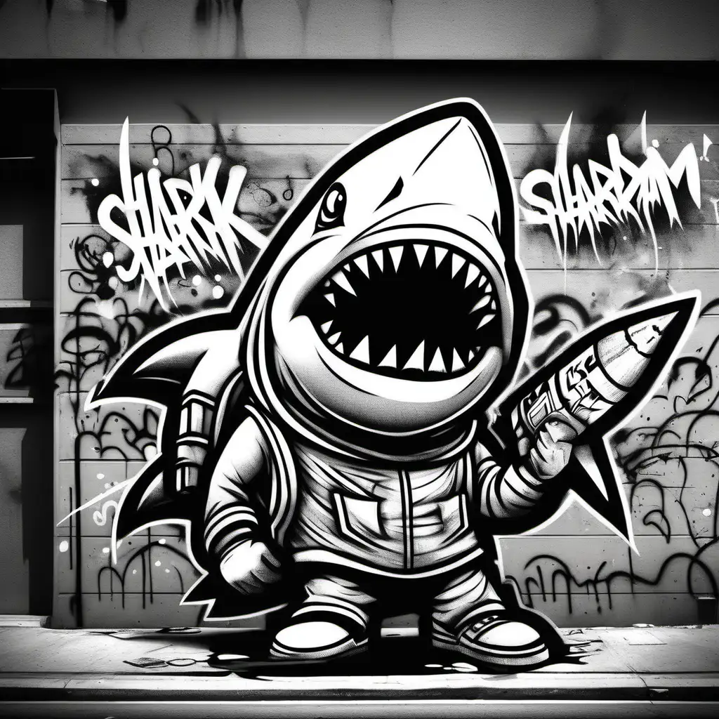 sharkman is writing graffiti on street no shading, no color, dark lines, no shading, coloring pages