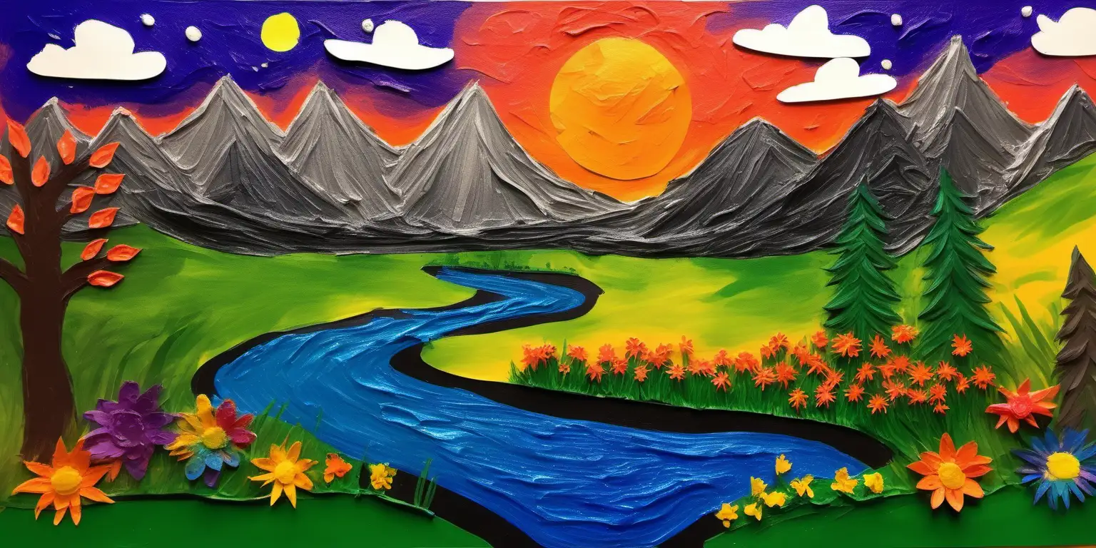 a nature set painted by a child, include mountains, trees, flowers and a river. make the sky look like a sunset. include more grass and stuff. more texture 
