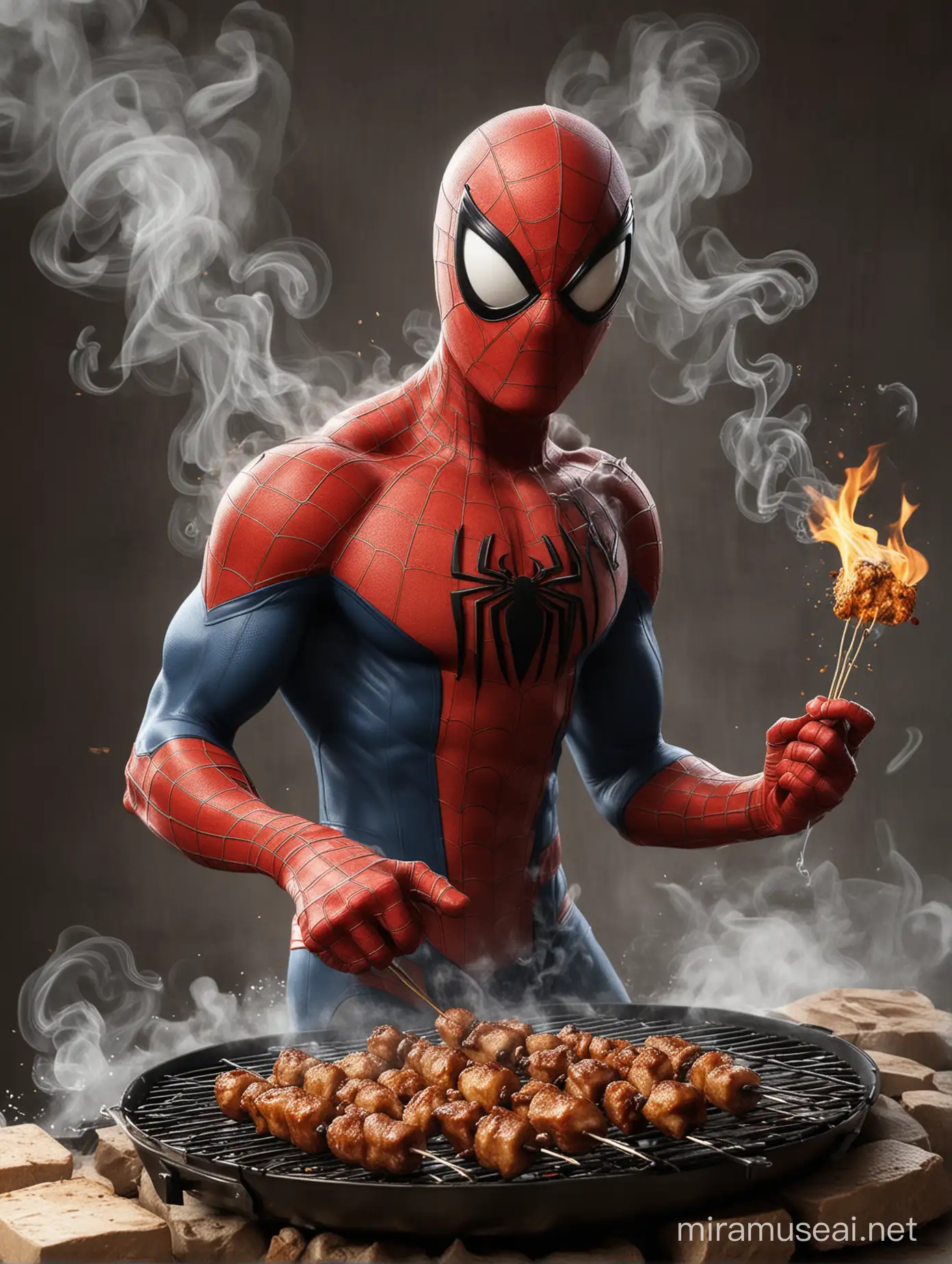 Create a caricature style of the superhero from Marvel "Spiderman" is seen a grill and spiderman grilling satay with a dramatic smoke effect and also spider webs in the background, by maintaining the character of Spiderman, using costume and spiderman mask look a like as the original, in a caricature style (body caricature such as the head often made larger or odder).