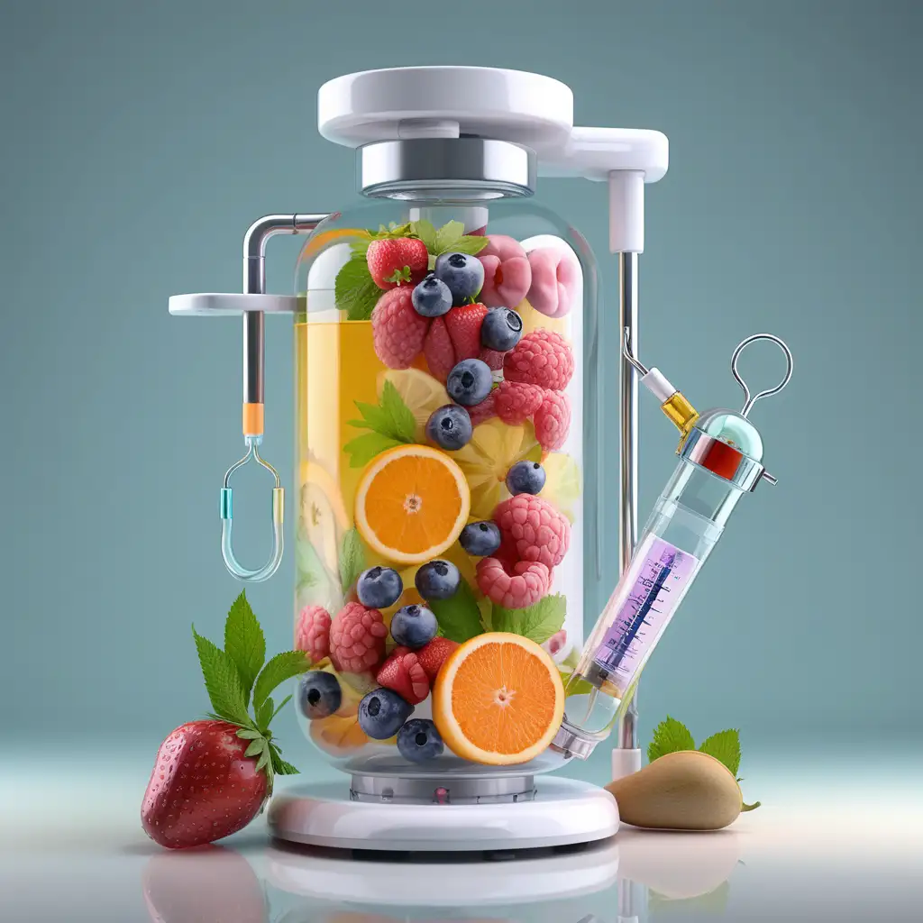 Vibrant Medical Infusion Surrounded by Fresh Fruits and Blooming Flowers