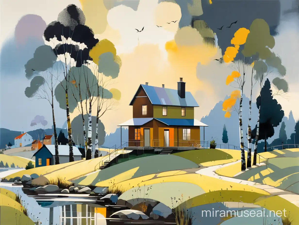 Elegant Modern Acrylic Landscape with Birch Trees and Small Houses