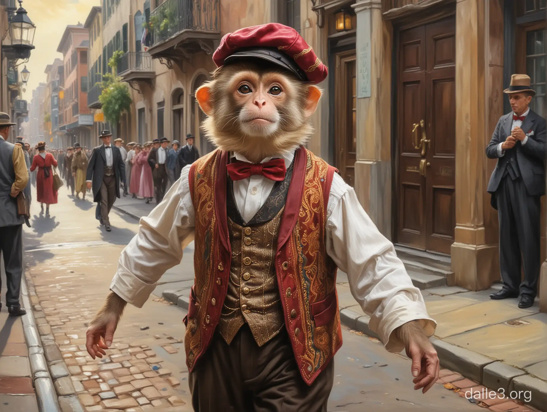 "Create an oil painting in the early 20th-century American realism style, reminiscent of Reginald Marsh. The scene is set on a bustling street in Charleston. The focus is on an organ-grinder, a middle-aged man with a weathered face and a flat cap, turning the handle of a richly decorated, traditional barrel organ. Beside him is his monkey, a small, agile capuchin, dressed in a colorful vest and fez, energetically dancing to the music. The background shows the charming, historic architecture of Charleston with pedestrians of various ages and styles passing by, some pausing to watch the performance. The painting should capture the vibrant street life and the quaint charm of the era."