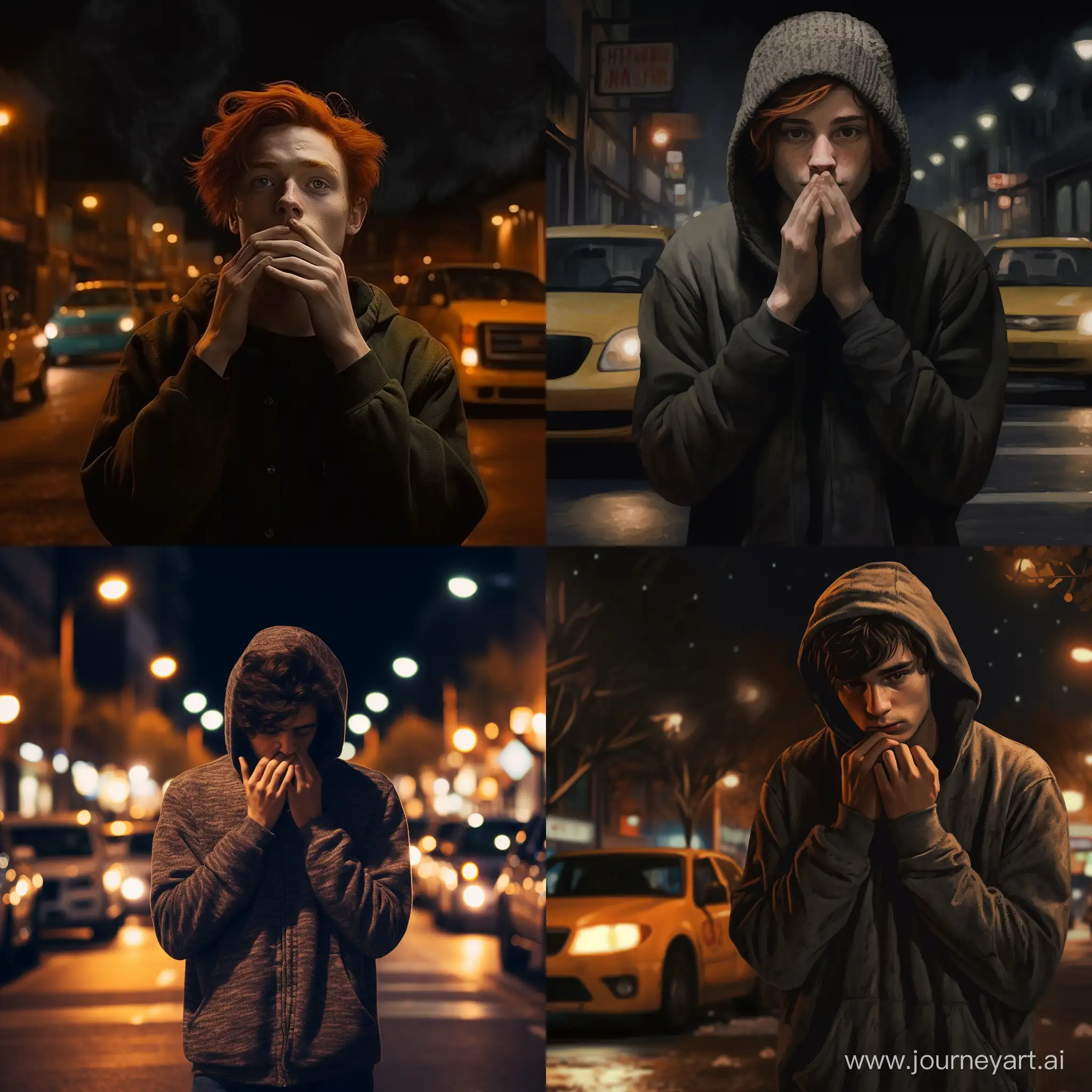 молодой парень с веснушками стоит на улице ночью, прикрывая своё лицо двумя руками, по улице едут машины, а он тепло одет