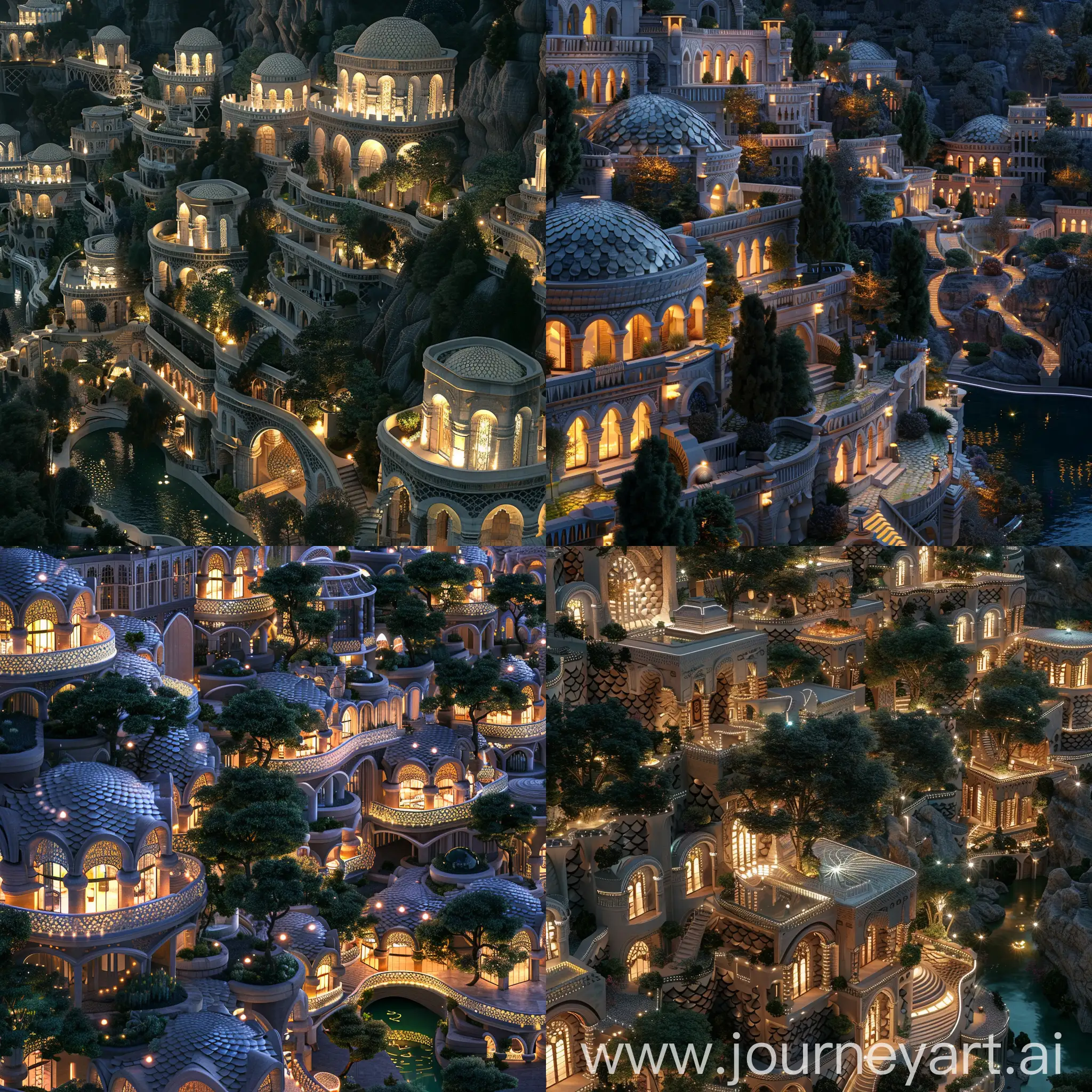 Beautiful futuristic metropolis in an alternate timeline where all buildings retain traditional elements, ornate travertine architecture with scale-like patterns on facades and illuminated trees, buildings are terraced, spring, canals, aerial photograph