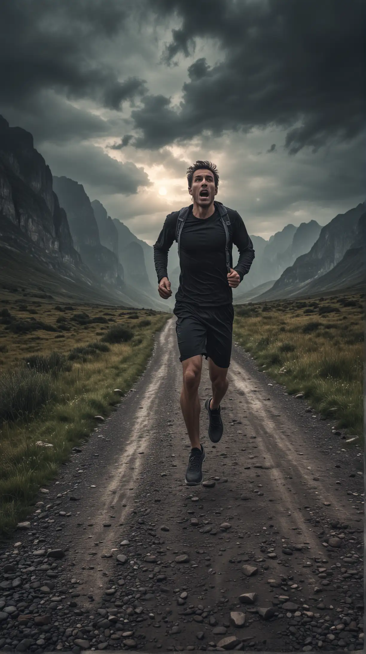 Tired man running fast and scared from uncertainty, front shot, epic scenery, dark mood, 4k, HDR