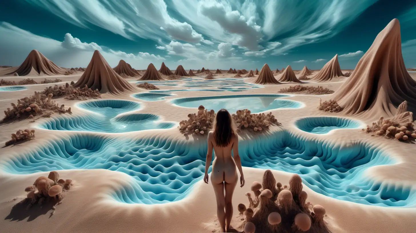 Surreal Psychedelic Landscape with Nude Woman Mineral Clouds and Desert Dunes