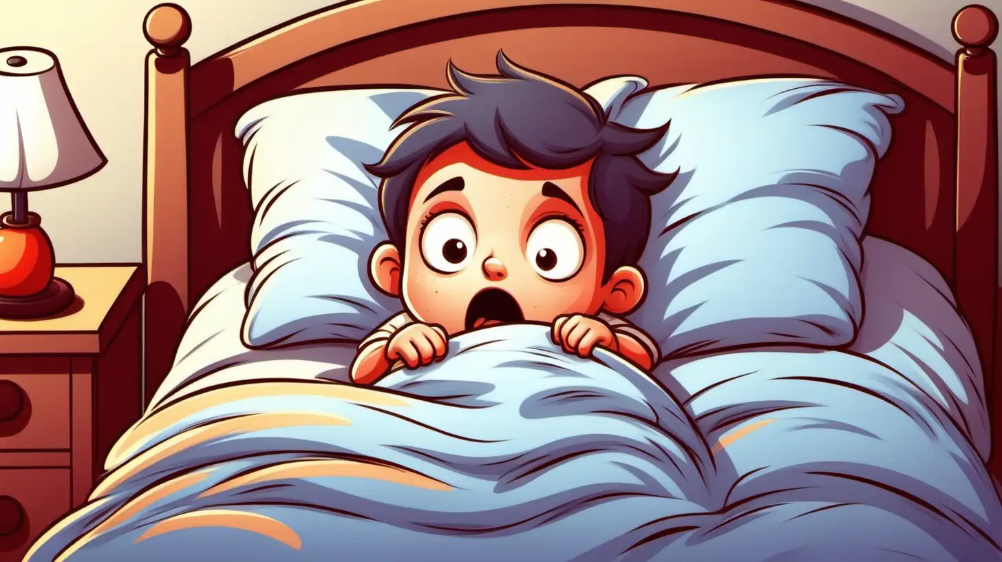 cartoon little boy in bed trying to sleep