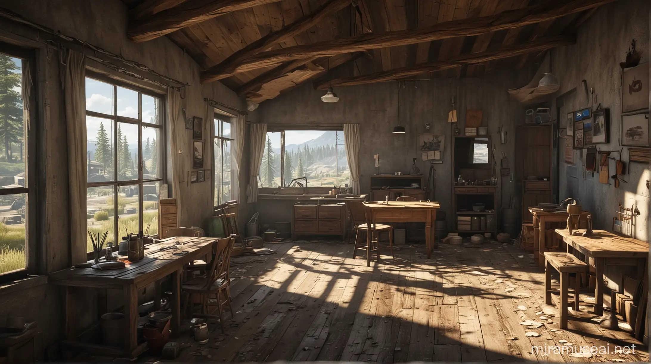 far cry 5 style environment , interior , something interesting not a normal house interior
