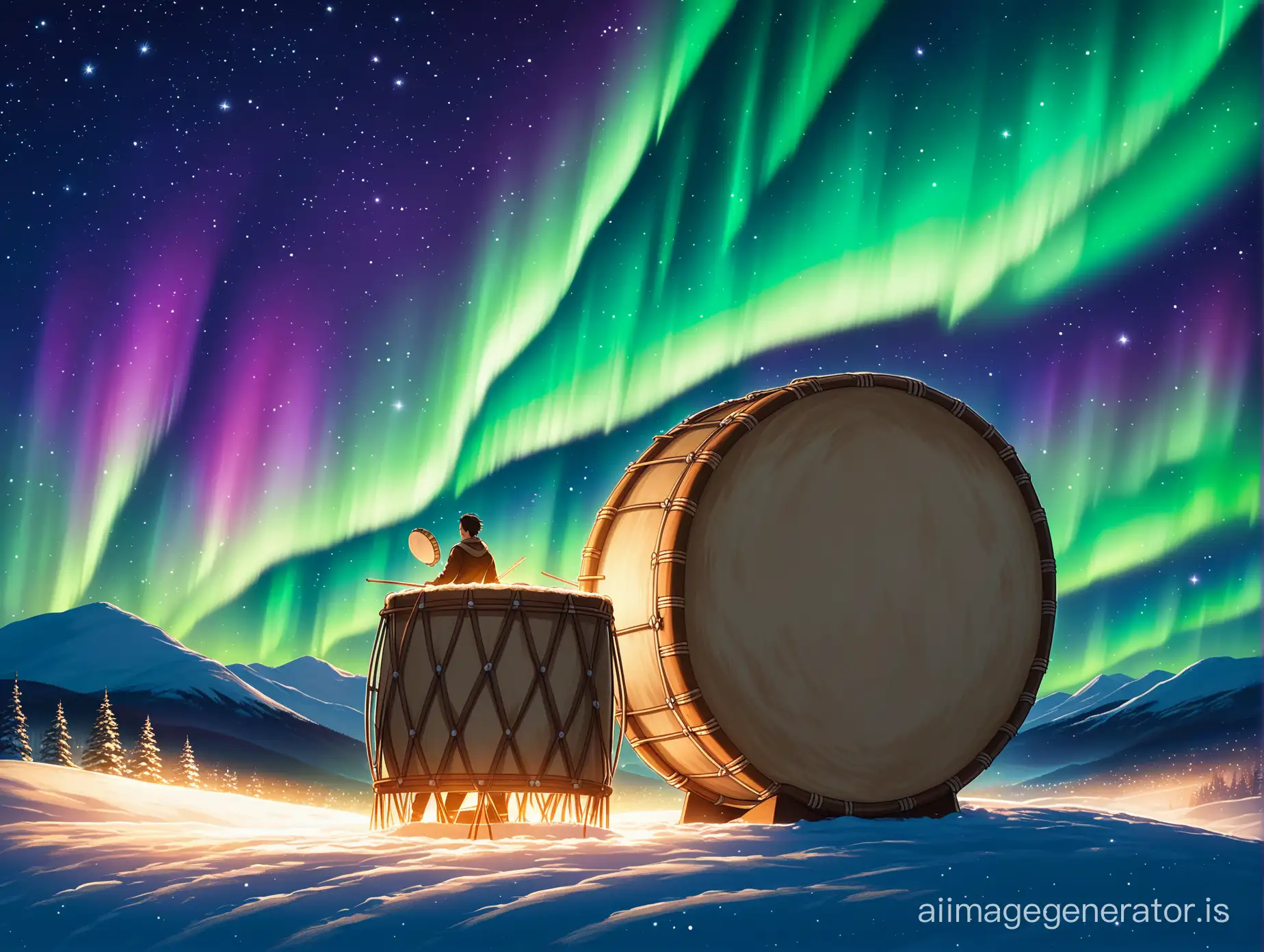 A handsome young man beats an enormous cowhide drum on a hill at night with twinkling stars and aurora lights in the sky.