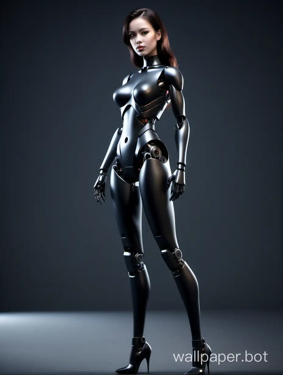 she stands exactly in full height, the female form of an android, age 40+, large brunette hair, an ordinary beautiful girl, the body of an android, the color is matte black + technological details joints, an oboe-like body shape, but made of black plastic, arms and legs are qualitatively drawn, the background is gray smooth, 3d model, rendering, this an image with high-resolution photographs taken using an 85 mm lens to obtain an attractive angle (high quality of the face) (best shadows), complex details, cinematography, characteristics, dynamic shadows, the required level of detail {high} with a resolution of {4K}, highlighting {sharp facial features and stylish clothes}, beautiful lighting, photography in RAW format, 8k uhd, film grain, ((bokeh))  full body image