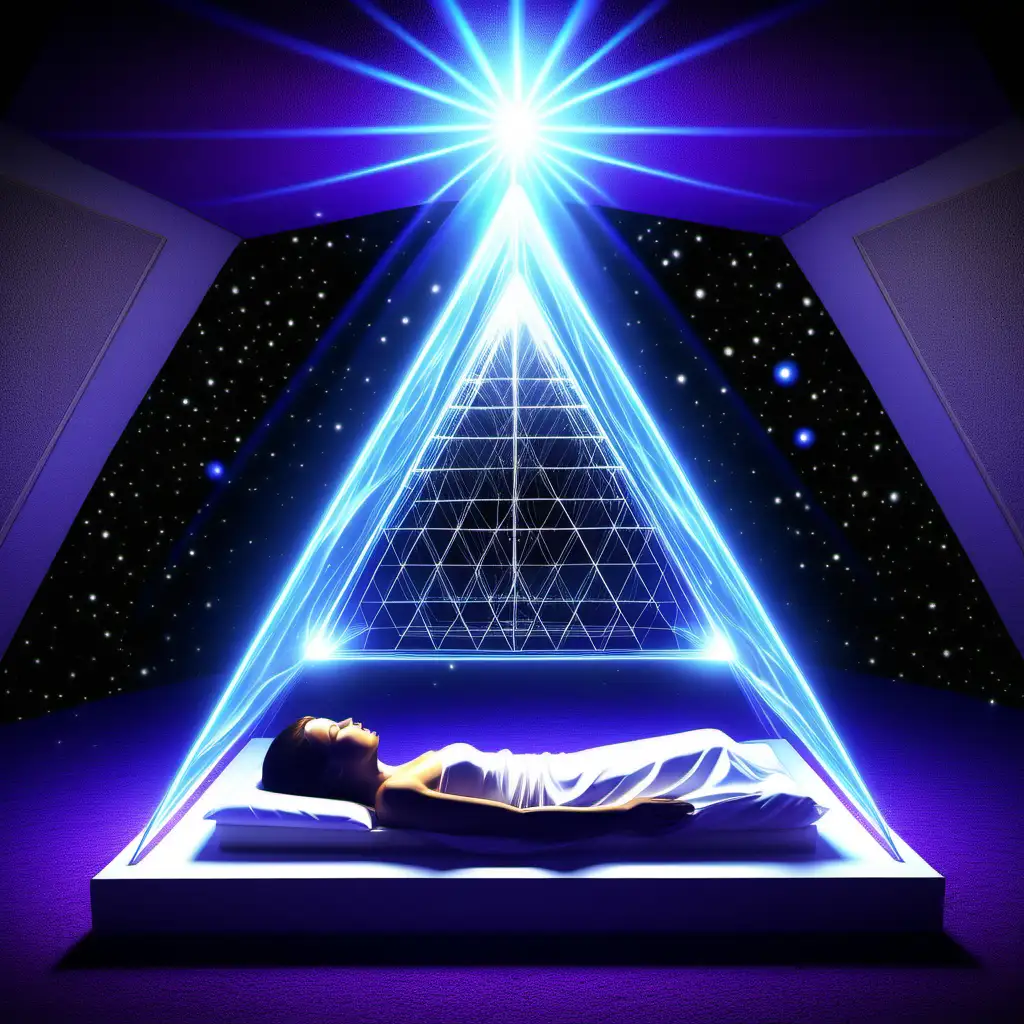 Galactic Federation of Light create a Pleiadian Healing Technology. The technology is Tachyon Healing Pyramid Chamber where subatomic particles are infused in the human to heal them with pure light. Cinematic image. Make it more cinematic like a movie. More cinematic and realistic. More cinematic and realistic. Show the person in the pyramid chamber bed receiving the healing and light. Show the pleaidians around the person healing them as well. Show the light and healing reaching everyone in the room.