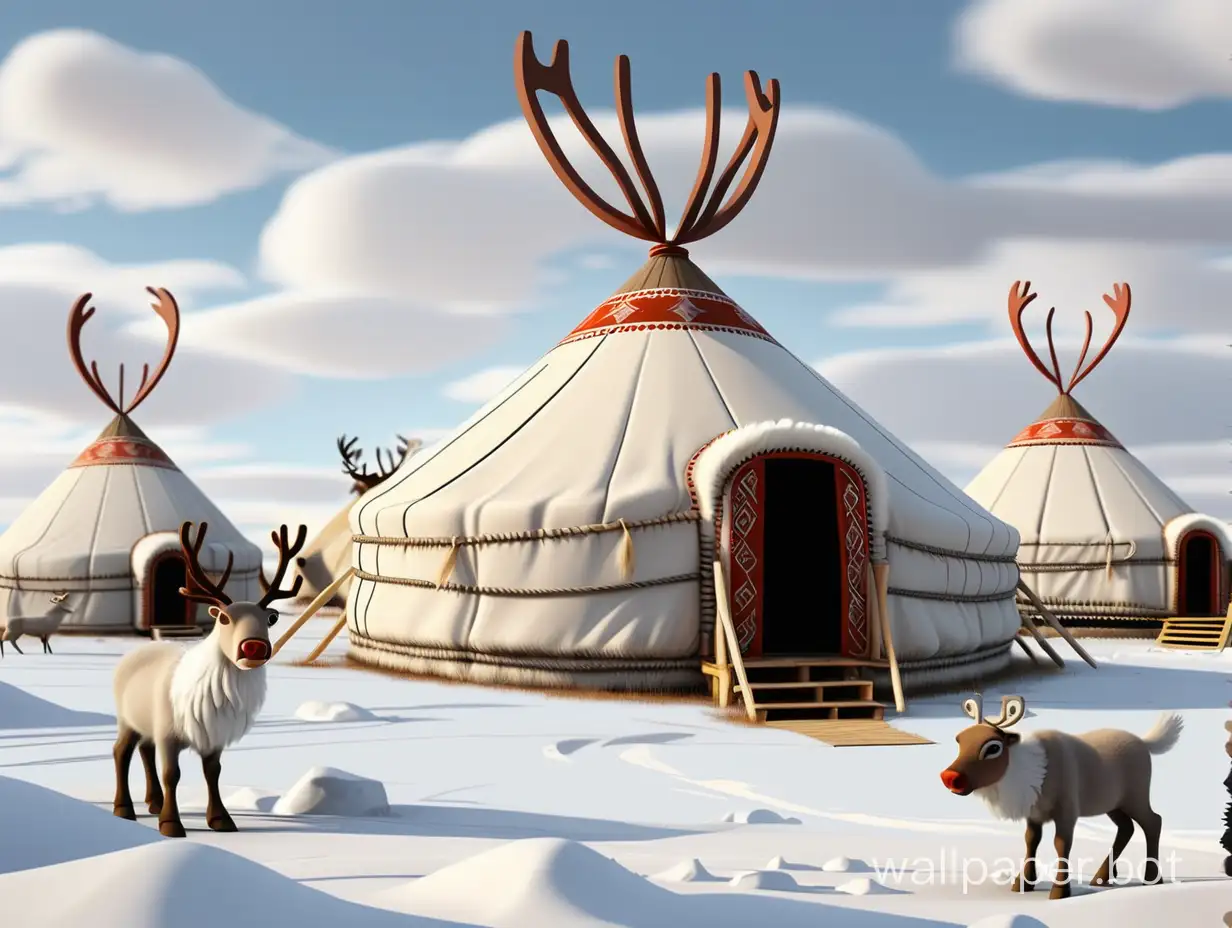 North, a Yakut yurt stands, nearby reindeer, children play in fur coats, a white bird flies in the sky