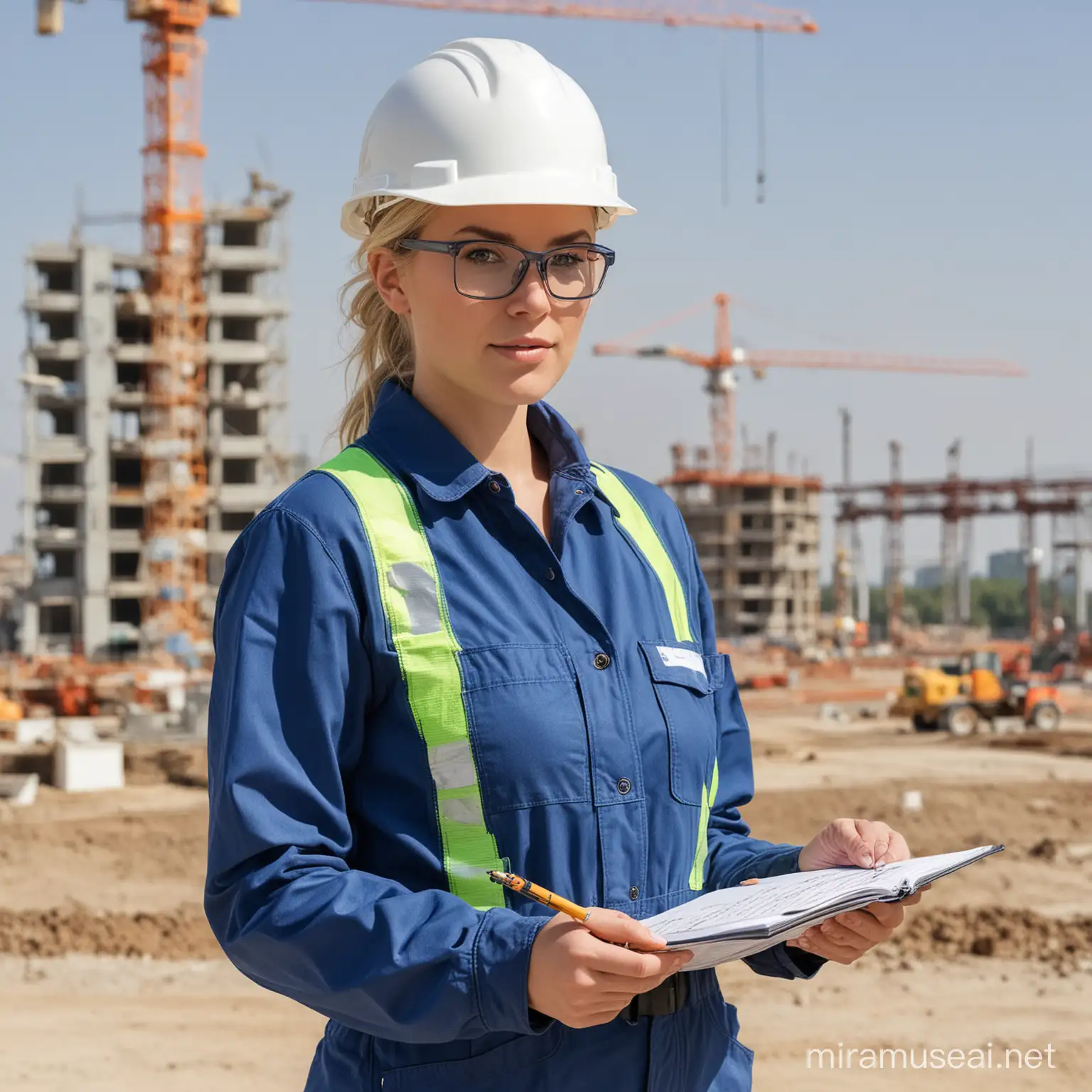 blonde white female construction worker on site wearing blue work coverall gear, white hard hat, safety glasses, taking notes, one crane on the background