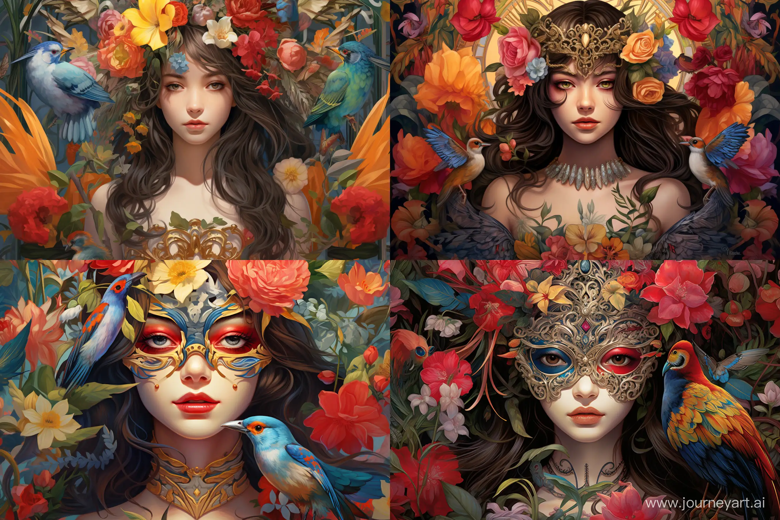 Create a mesmerizing Art Nouveau portrait of a mysterious young girl in ornate, bird-themed attire, with an elaborate mask, standing amidst a garden filled with exotic birds and flowers. --ar 3:2 