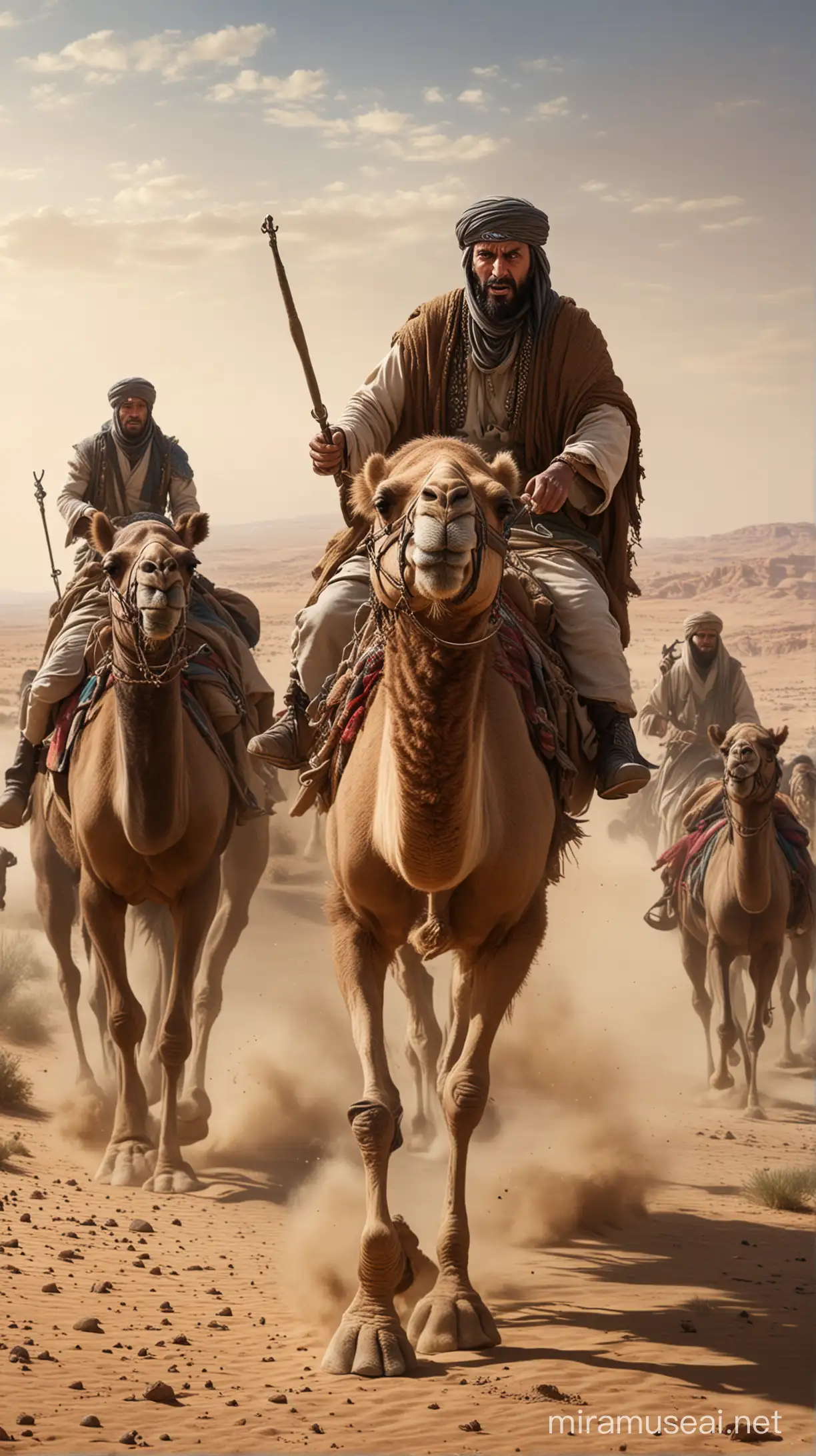 Saladin fleeing on a camel, fear in his eyes as Baldwin's forces close in behind him. hyper realistic