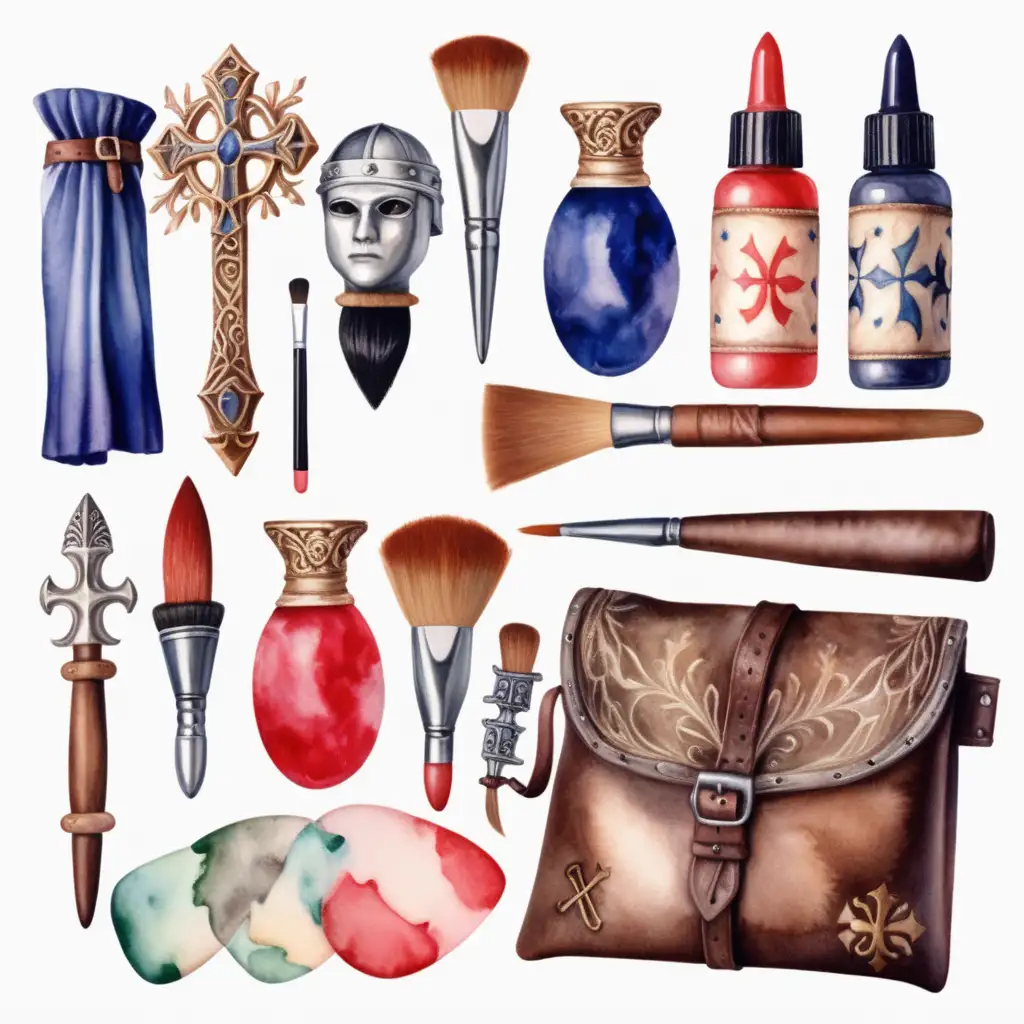 medieval disguise kit with storage bag, makeup and hair dye with small props, watercolor, no background