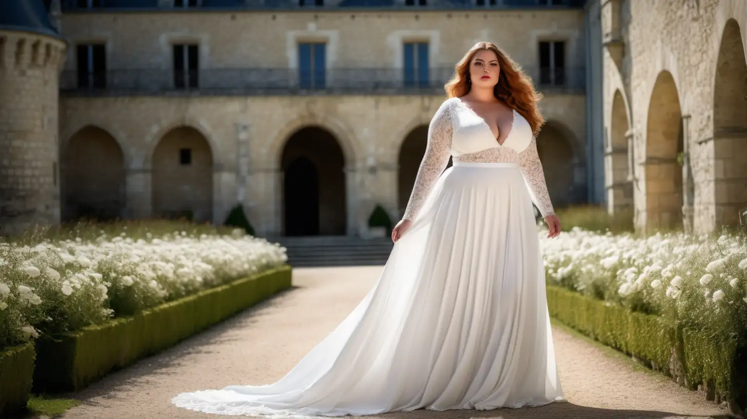 beautiful, sensual, elegant plus size model wearing a long lace white gown with a very flared skirt, white long flared skirt, fitted white bodice, deep v-neck, long tight sleeves, high defined waistline with a waistband tonal to the dress, luxury photoshoot inside a castle in France, flowers in the background