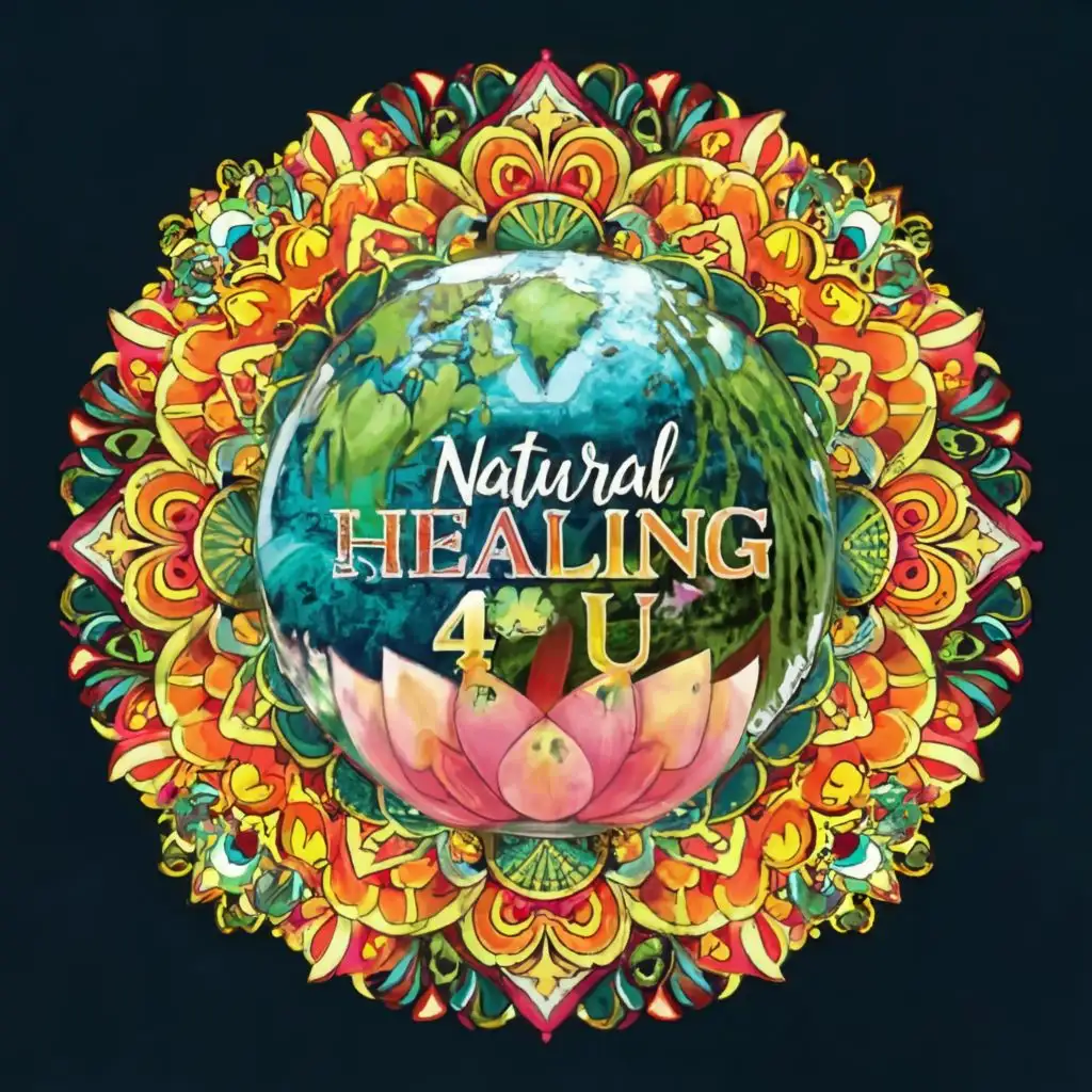 logo, World globe, Rainbow, lotus flowers, mandala,  Universe, with the text "Natural Healing 4 U", typography, be used in Beauty Spa industry,