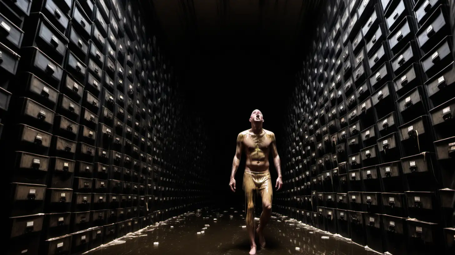 Fearful Bald Man in GooCovered Tunnel Amidst Towering Coffins