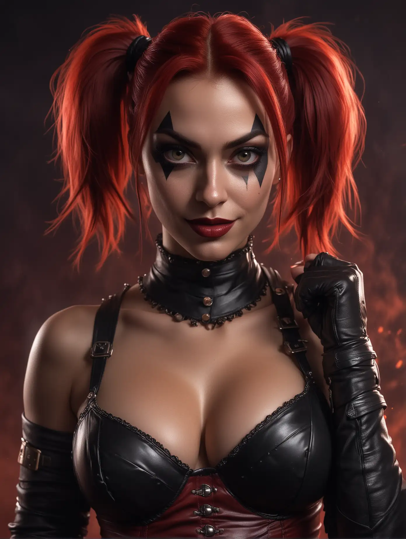 realistic photographic portrait upper body photo, exquisite chiaroscuro lighting and composition, 8k, very detailed, high resolution, harley quinn (justice league gods and monsters), sinister smile, clown makeup, skin details, red and black hair, big boobs, black corset, hands on hips, sinister atmosphere, stormy burning red sky background, illustration, artstation, concept art, smooth, sharp focus, award winning work
