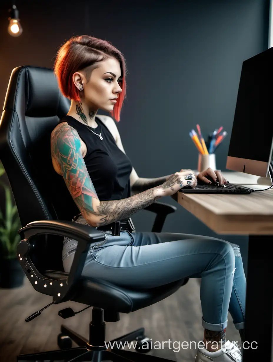 a girl developer of Slavic appearance, with a beautiful female tattoo, modern fashionable female haircut and hair coloring, sits at a table on a gaming chair and works on a laptop, dressed in casual style, in a room with a loft style, a very realistic image