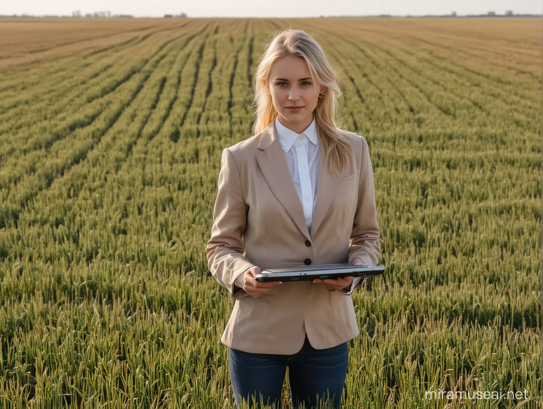 Blonde Consultant Evaluating Crops in European Grain Fields with Laptop