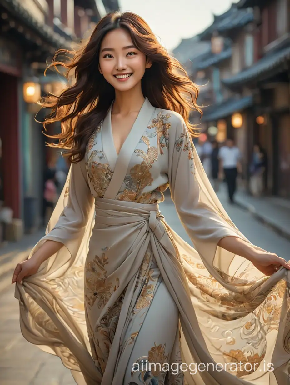 The beautiful young korean woman is draped in flowing, intricate patterned, eye level, standing, smilling face, deep focus, on the street, dynamic pose, cinematic lighting, full body