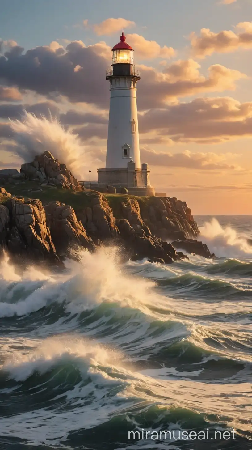 Majestic Sunset Lighthouse Scene with Crashing Waves