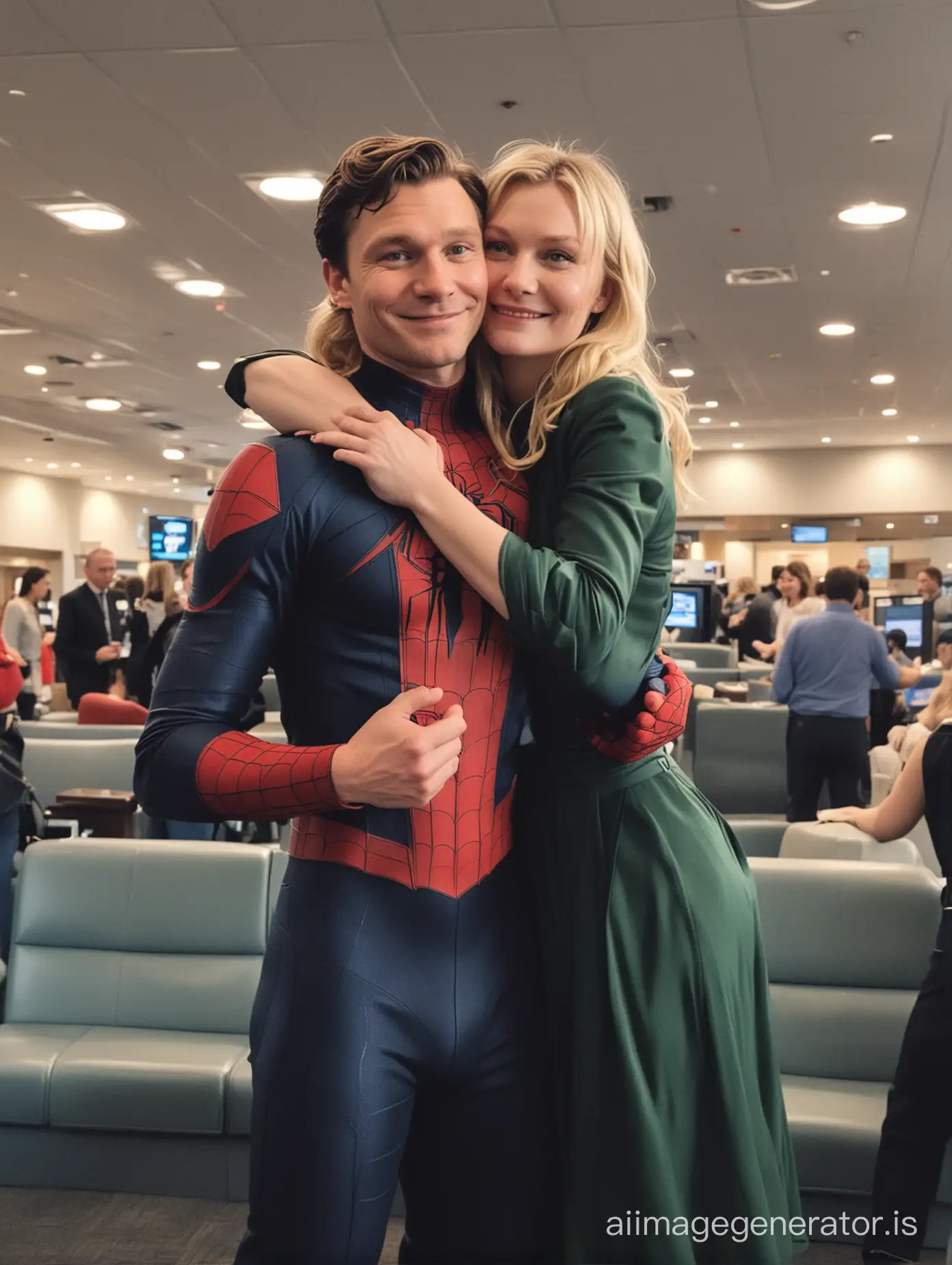 kirsten dunst and spiderman, hugging and smiling, security camera view, airport lounge